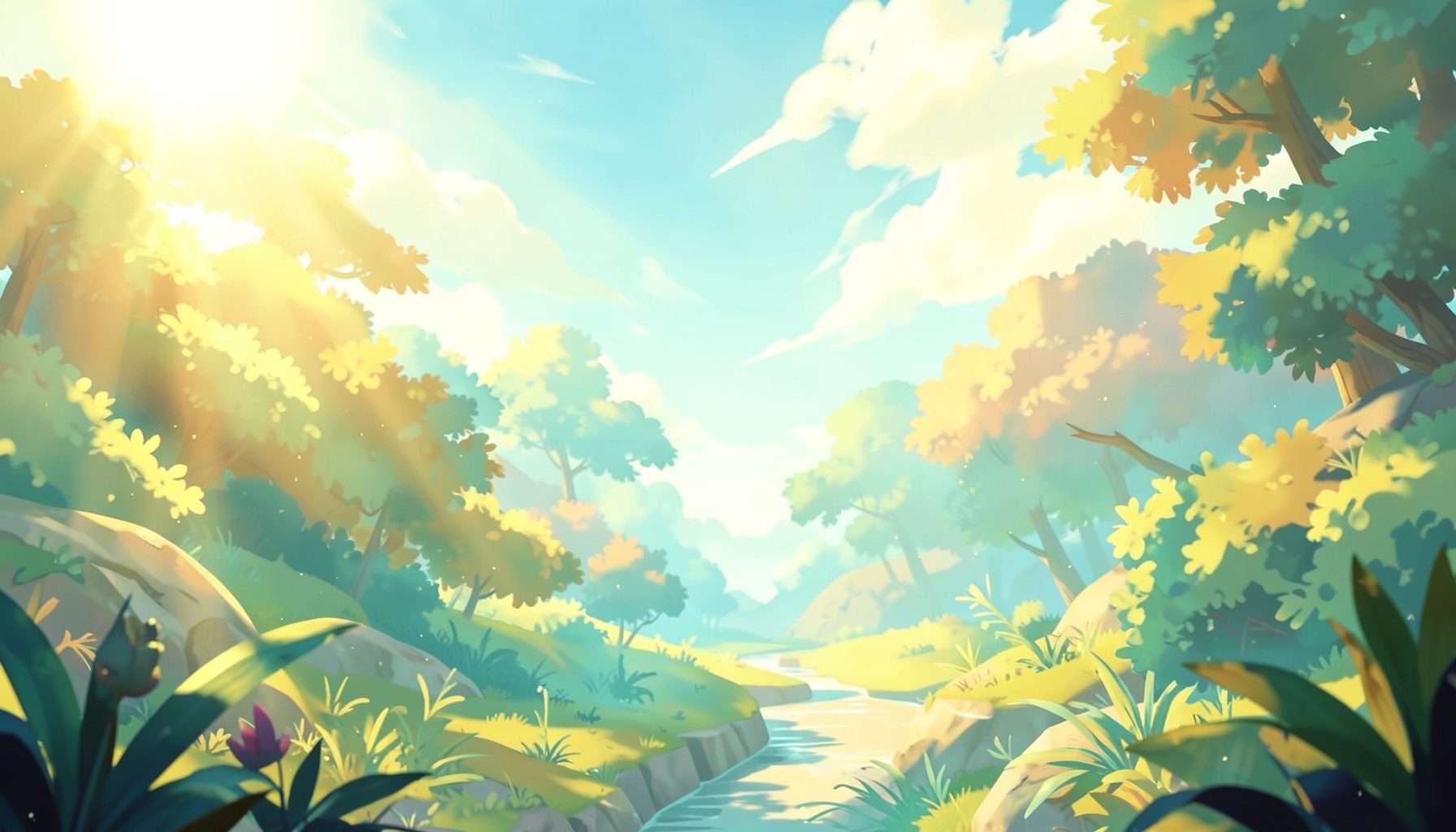 Bright sunlit digital scene with golden and teal hues, suggesting a relaxed visual-novel setting