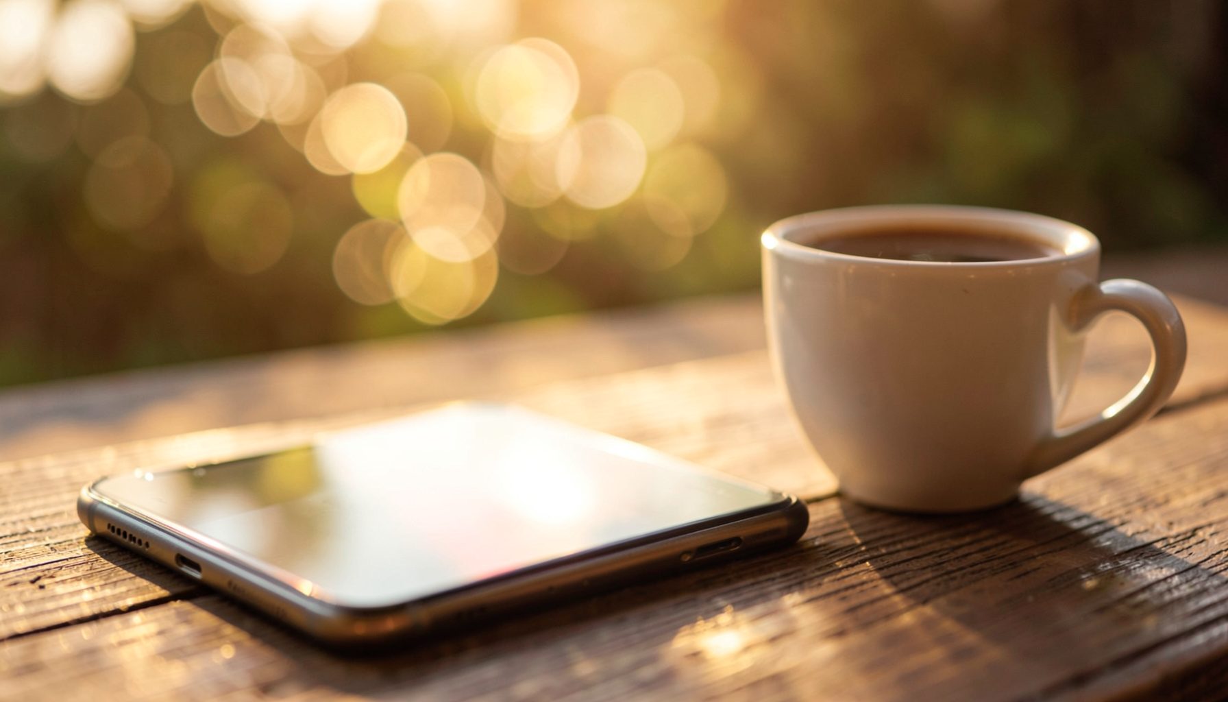 Warm golden-hour scene with soft bokeh, a phone resting on a wooden surface beside a coffee cup
