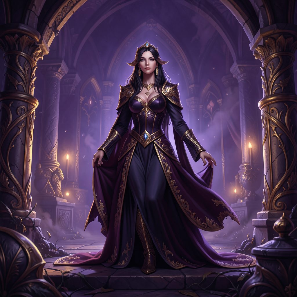 Fantasy-toned scene with deep violet and gold hues, a character in ornate surroundings with dramatic lighting