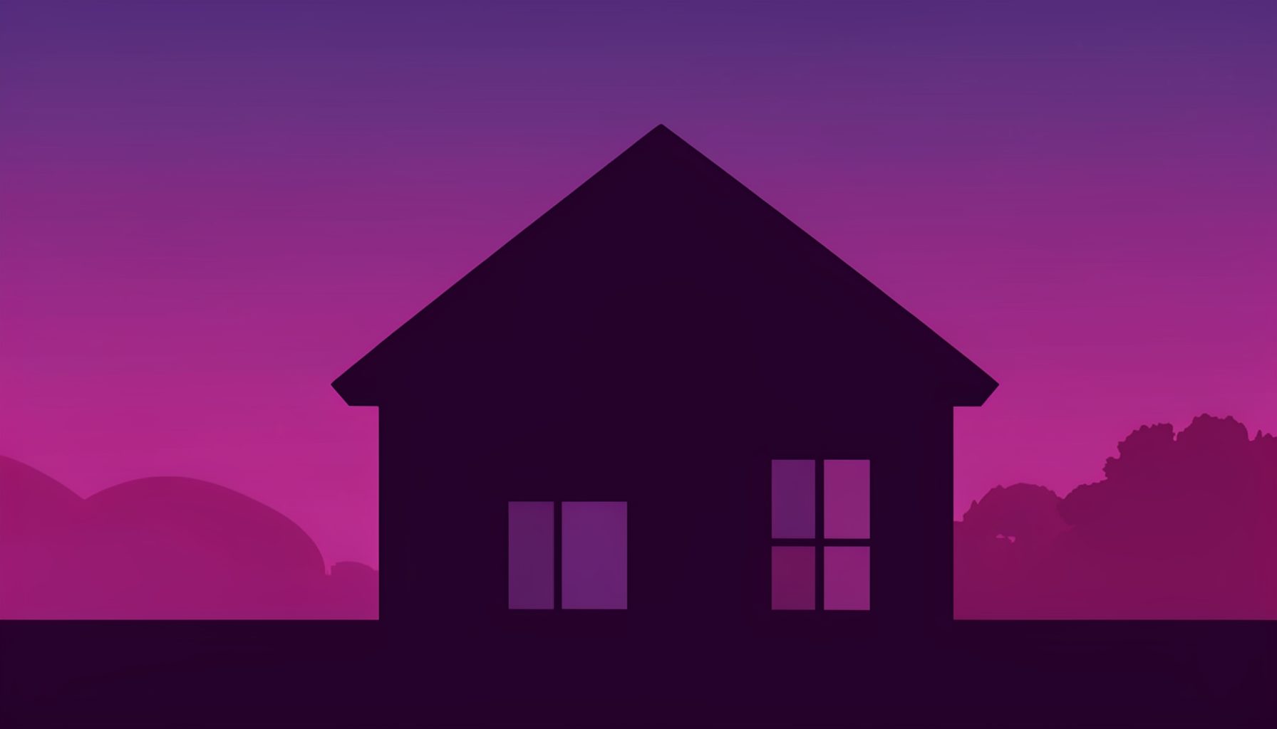 Simple flat illustration of a house silhouette at dusk in magenta and purple tones, quiet and atmospheric