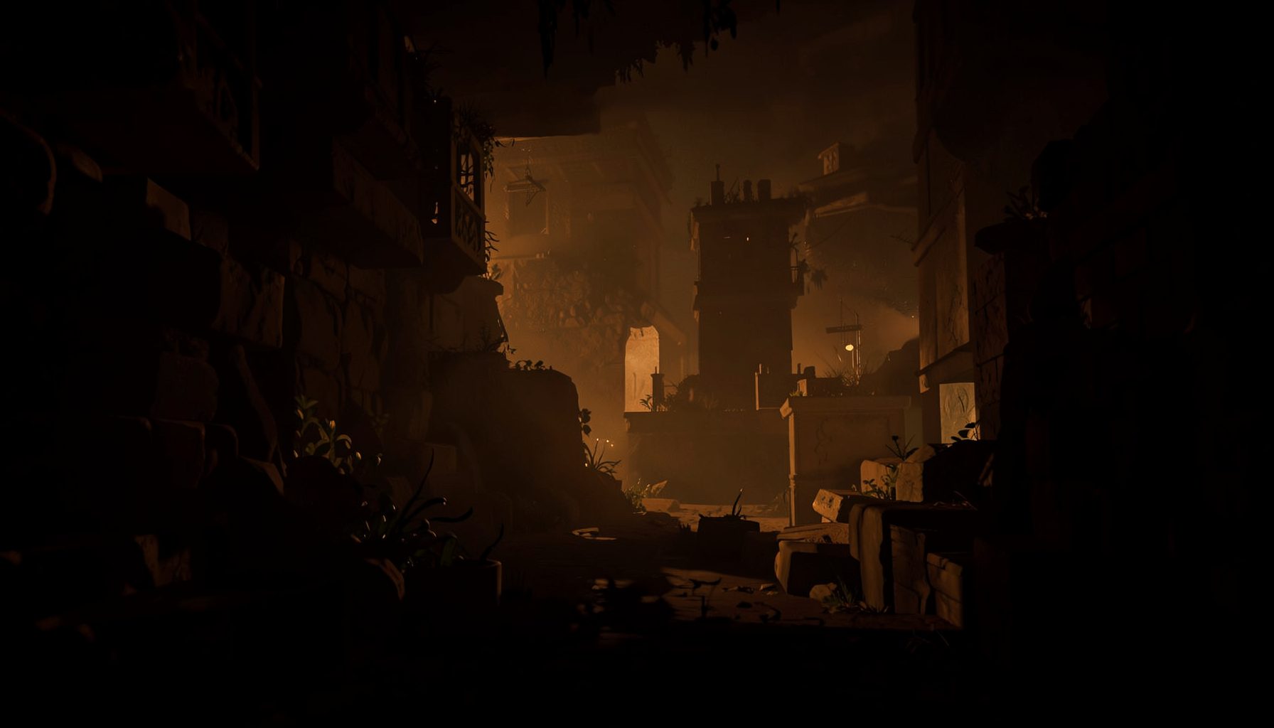 Moody digital scene with warm amber and deep shadow tones, evoking a narrative-driven game atmosphere