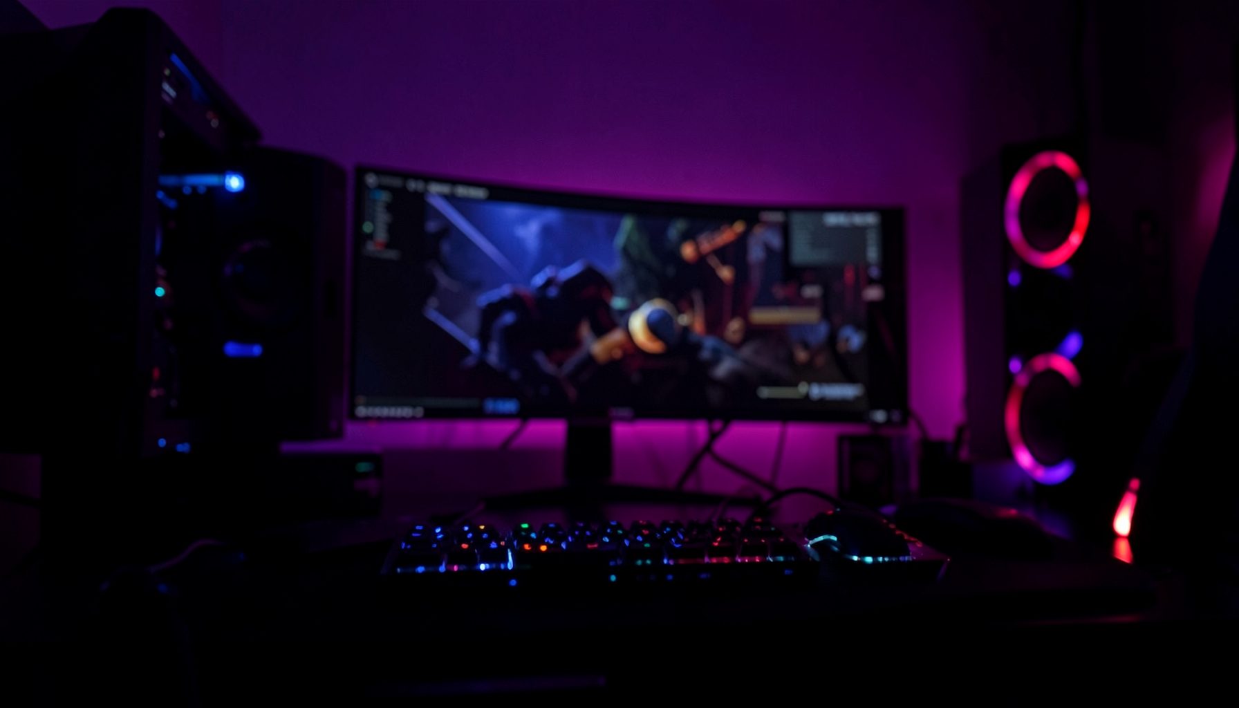 Dark atmospheric scene with deep purple and magenta lighting, a moody backdrop suggesting a late-night gaming setup with subtle neon accents