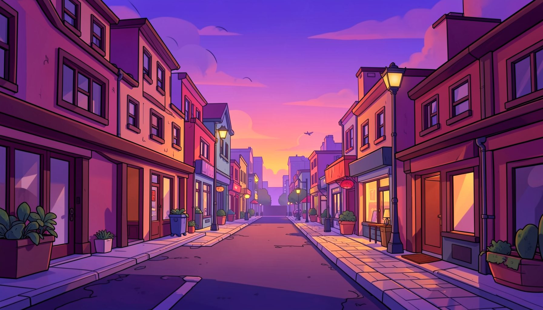 Vibrant cartoon-style street scene at dusk with purple and orange tones, evoking a playful mobile game aesthetic