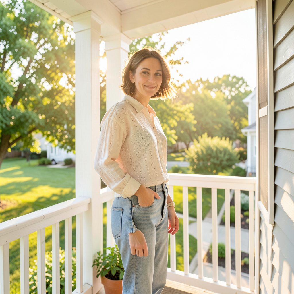 Bright daytime scene with golden sunlight and soft green foliage, a character standing on a suburban porch