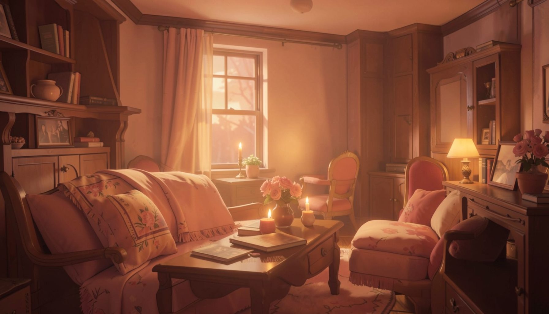 Warm interior digital scene with soft amber lighting and rose tones, intimate visual-novel mood