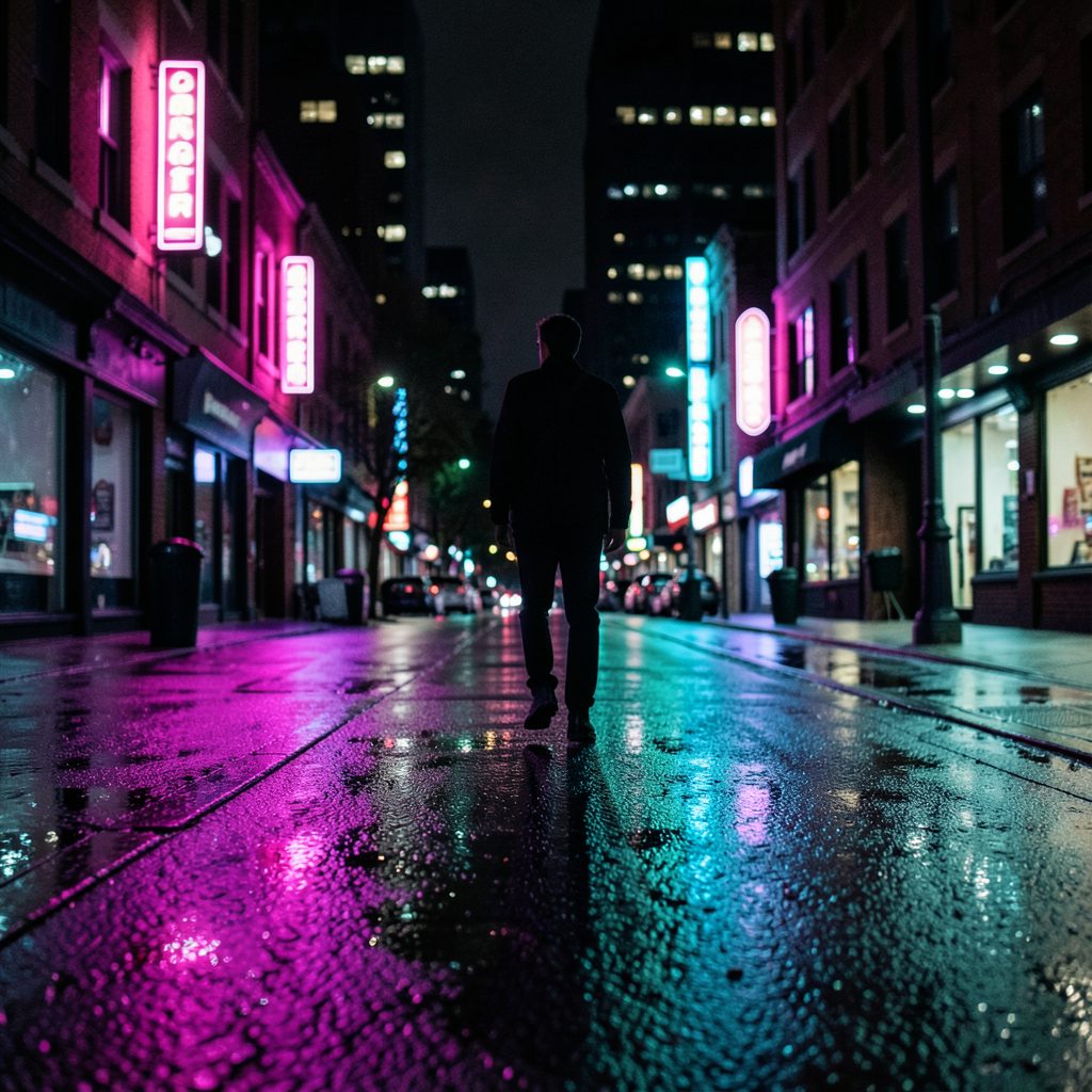 Nighttime urban scene with neon magenta and cyan reflections on wet pavement, a lone figure in silhouette