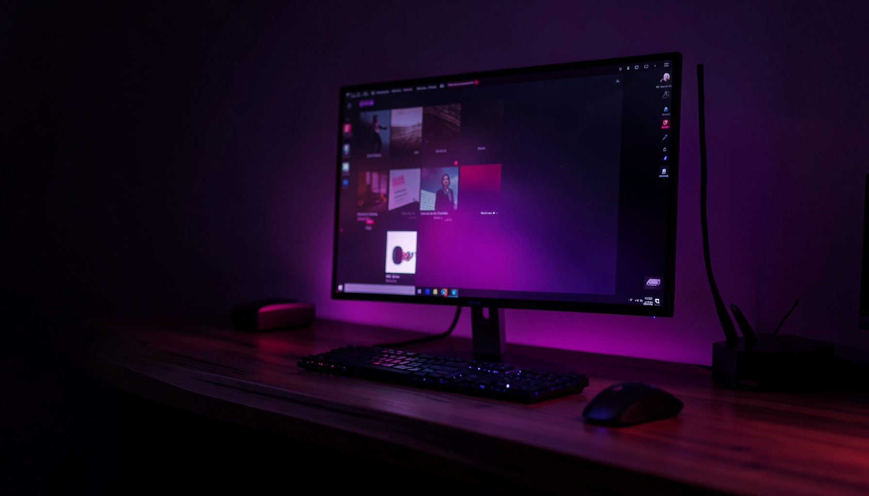 Dark atmospheric scene with deep purple and magenta tones, a sleek modern desktop setup on a wooden desk with a glowing screen, moody ambient lighting