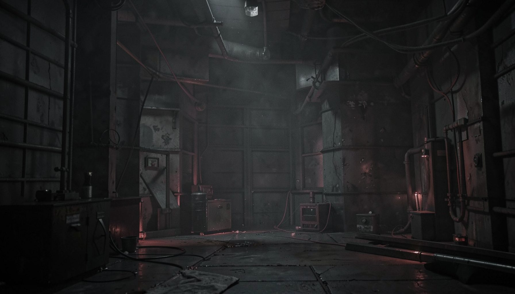 Dark industrial digital scene with muted grays and crimson accents, heavy atmosphere