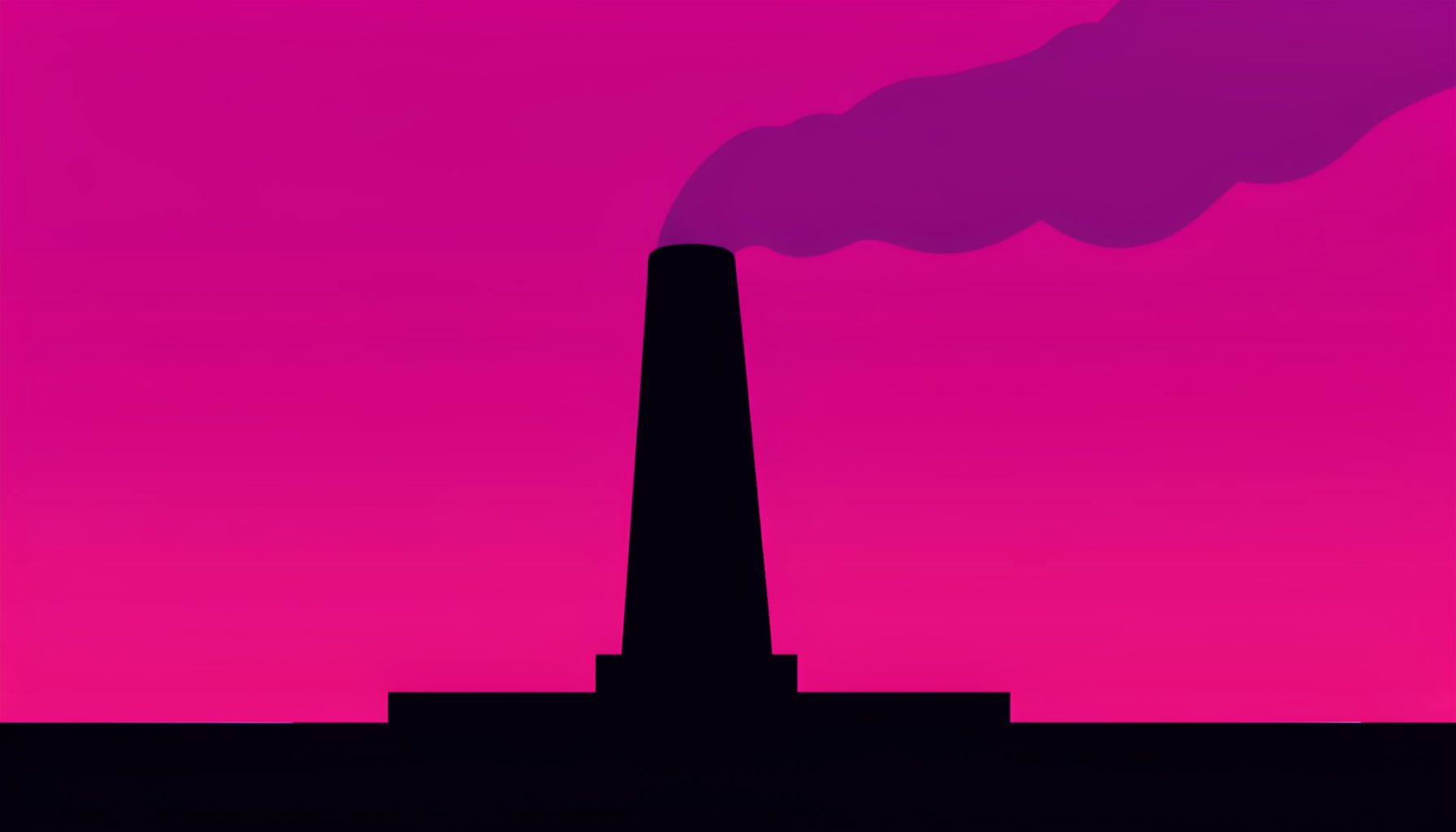 Simple flat illustration of a factory smokestack silhouette against a magenta sunset sky