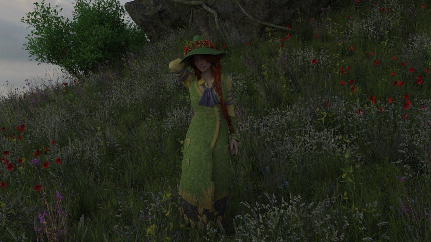 Digitally rendered scene of a woman in a green dress and floral hat standing in a wildflower field with red poppies, warm and soft mood