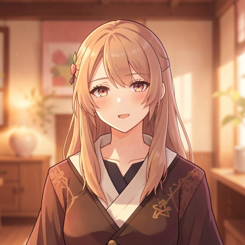 Stylized visual novel scene with warm amber and rose tones, a character portrait framed by soft interior lighting