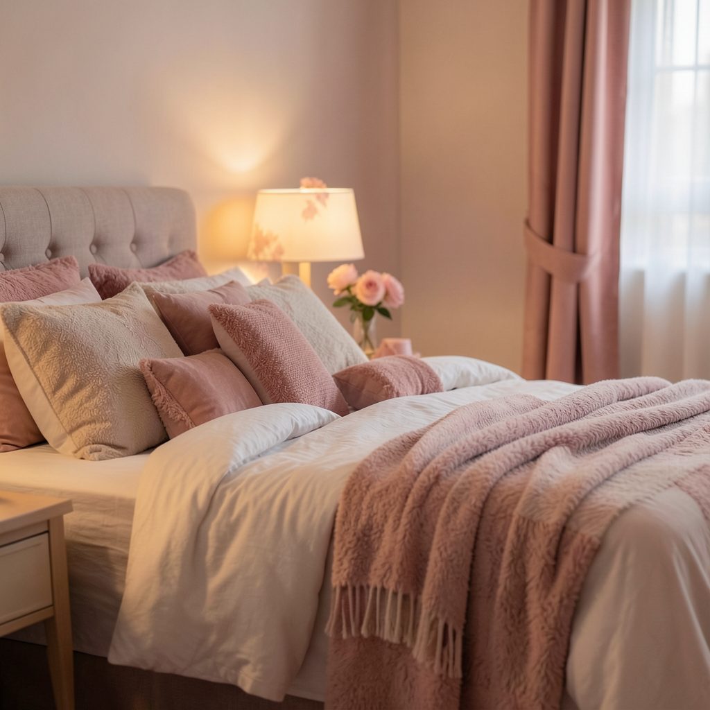 Cozy bedroom scene with warm lamp glow and rose-colored accents, soft fabric textures and intimate atmosphere