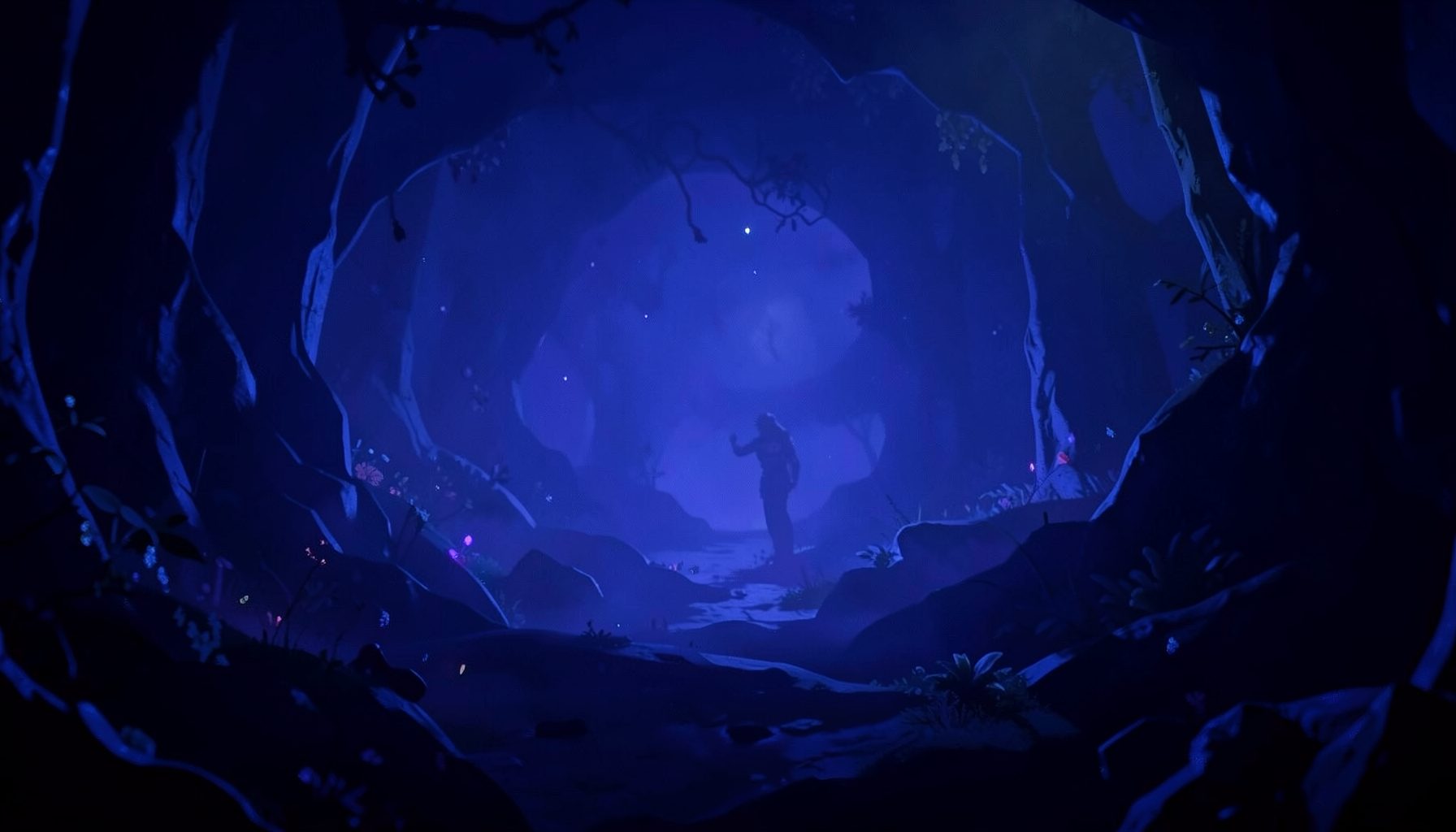 Deep blue and violet digital scene with a mysterious nocturnal mood, narrative-game backdrop