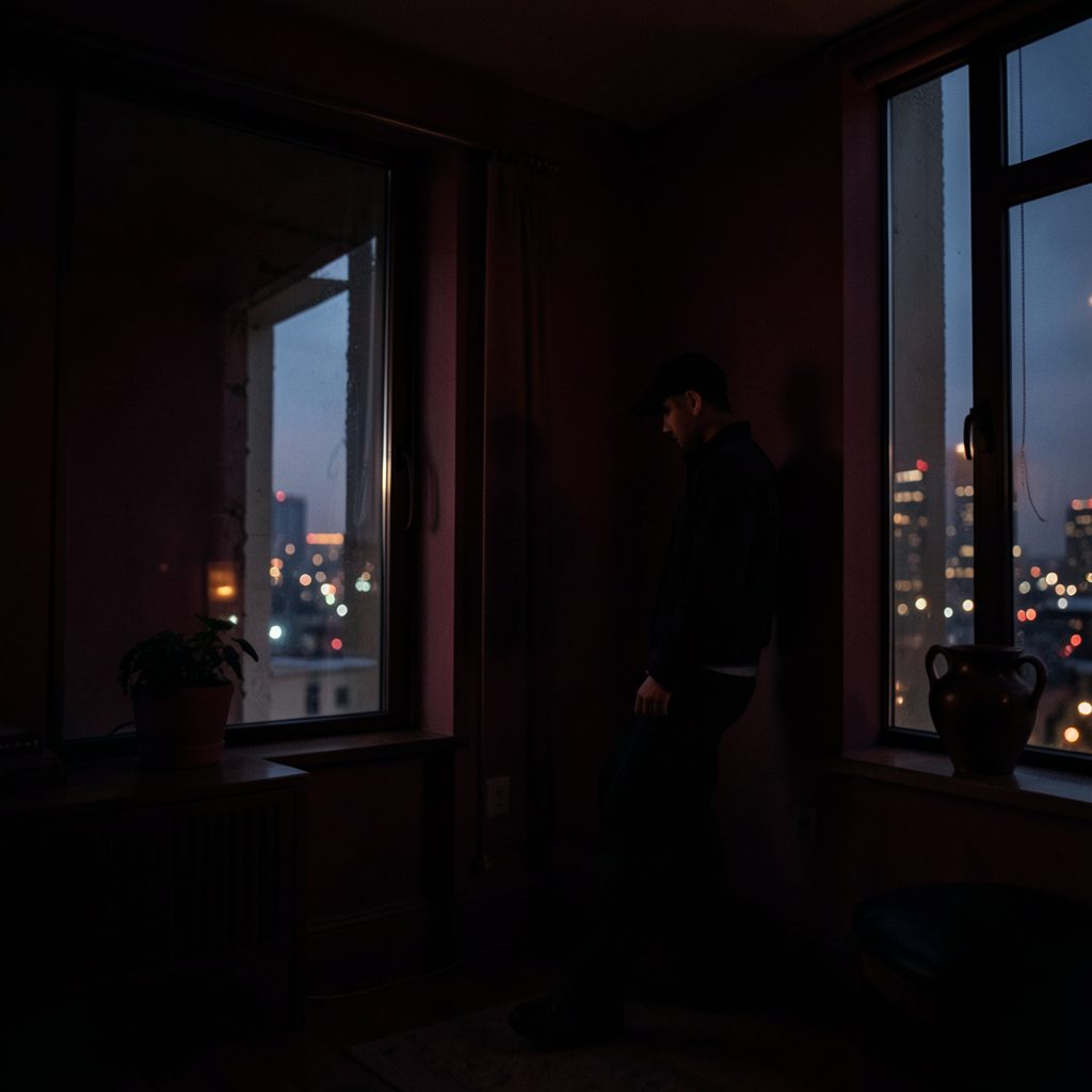 Moody interior scene with deep crimson and charcoal shadows, a character near a window with city lights beyond