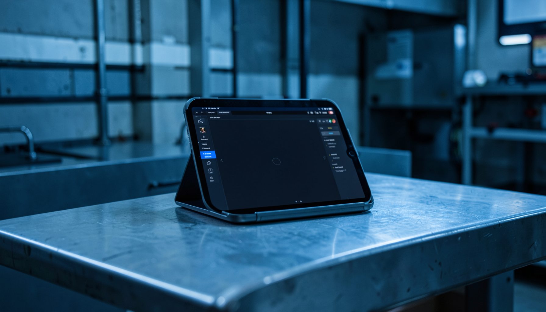 Dim industrial room with cool blue undertones, a tablet displaying a dark interface on a metal table