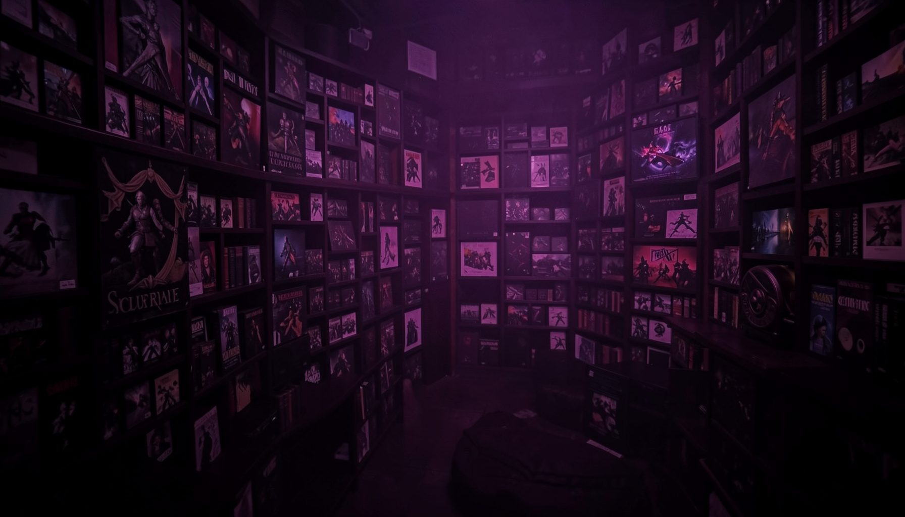 Dark atmospheric scene with deep purple and magenta tones, a moody digital backdrop suggesting a vast game library